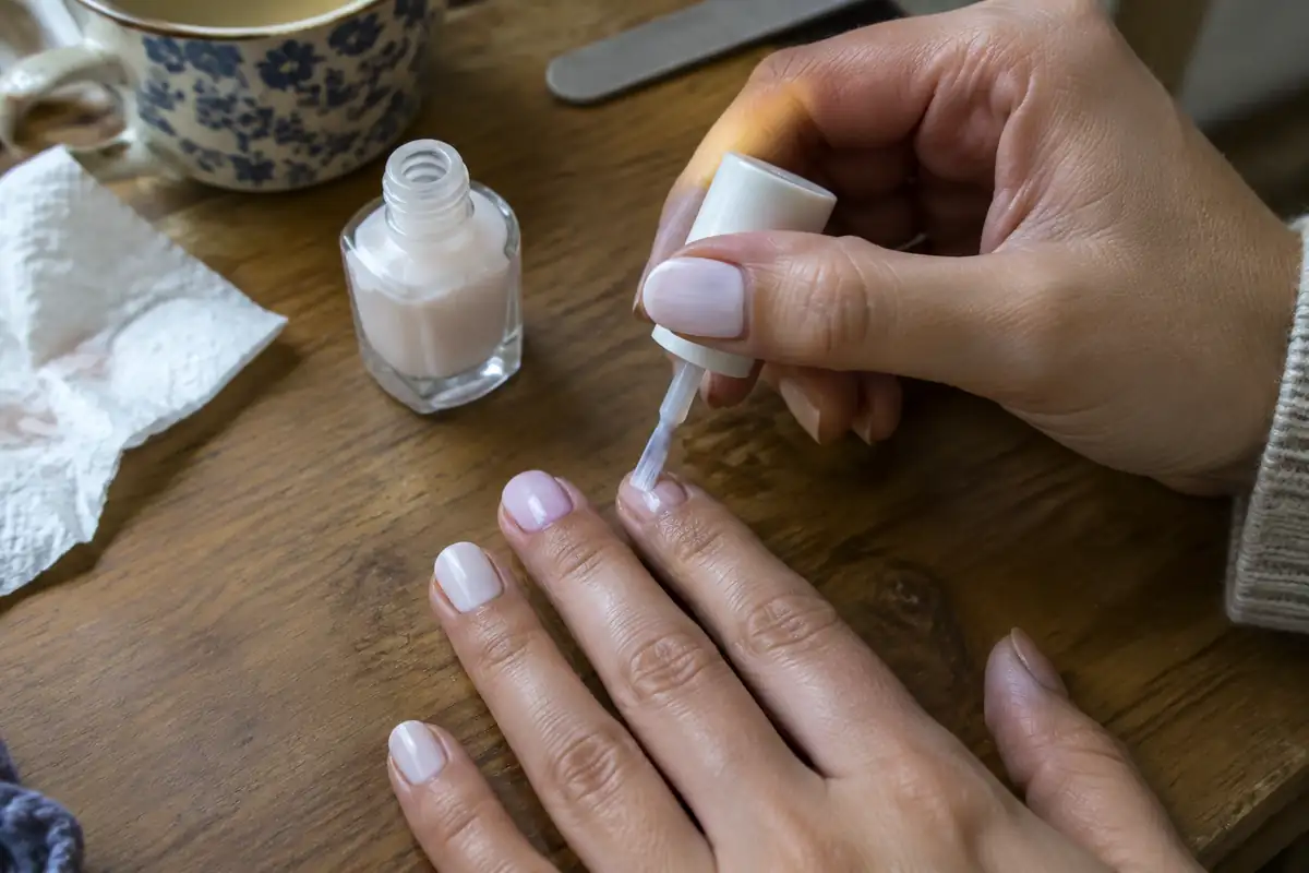 Pinceau posant une couche fine de vernis blanc laiteux sur un fond nude rosé