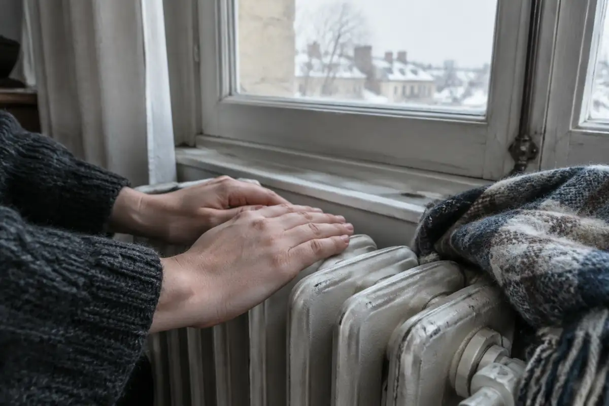 Deux mains aux ongles courts posées sur un radiateur en fonte près d'une fenêtre