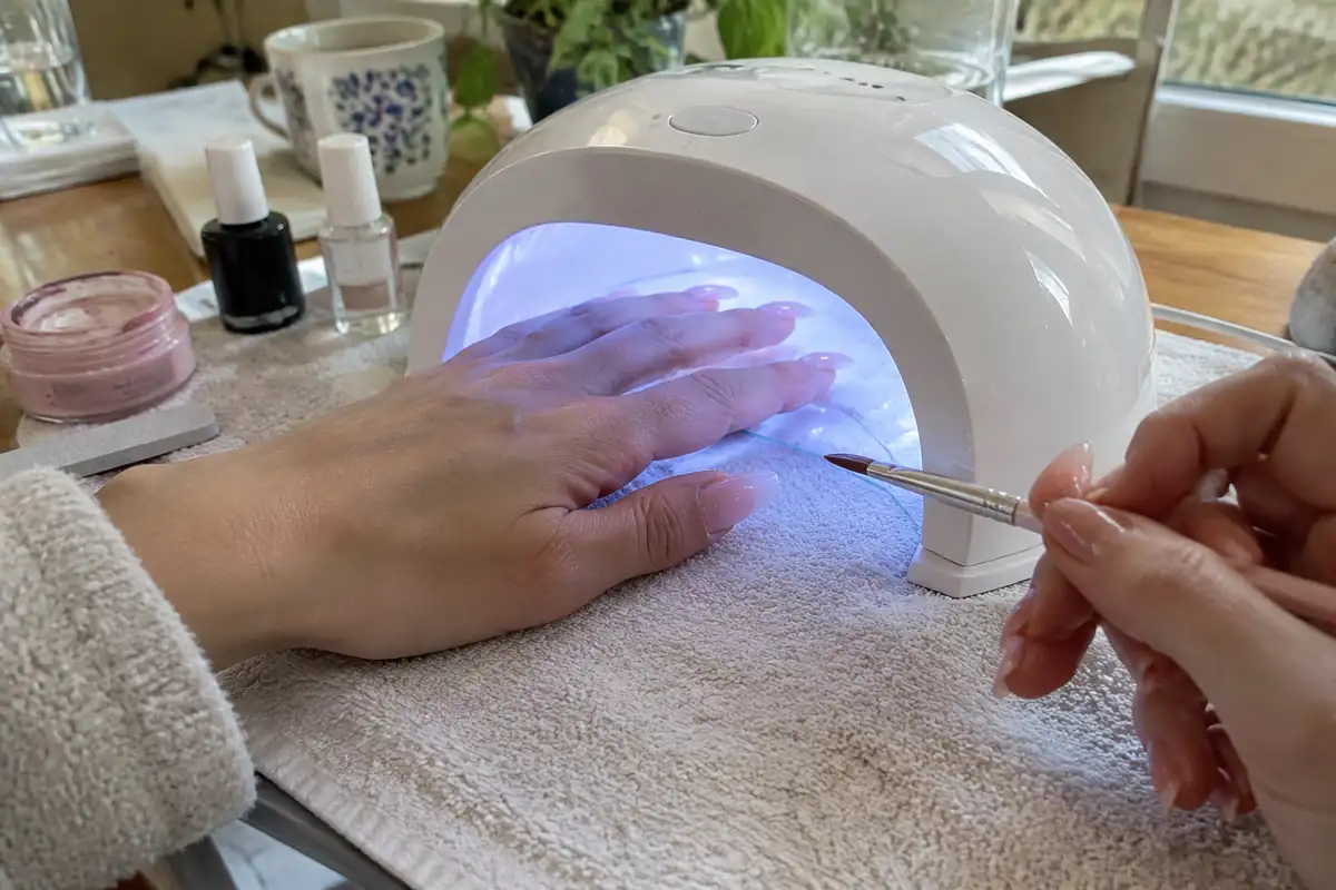 Main sous une lampe LED d'onglerie pendant la pose d'extensions en gel
