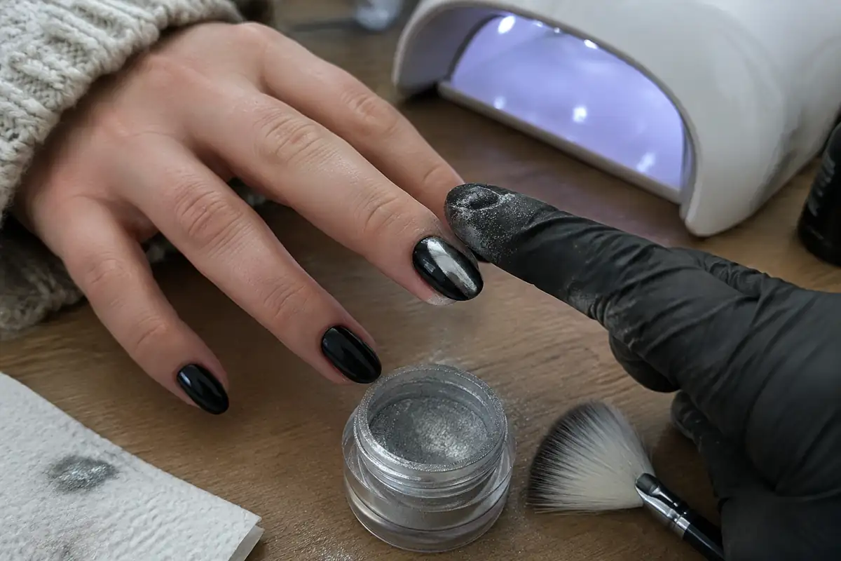 Doigt ganté frottant une poudre chrome argent sur un ongle en gel noir, l'effet miroir qui apparaît