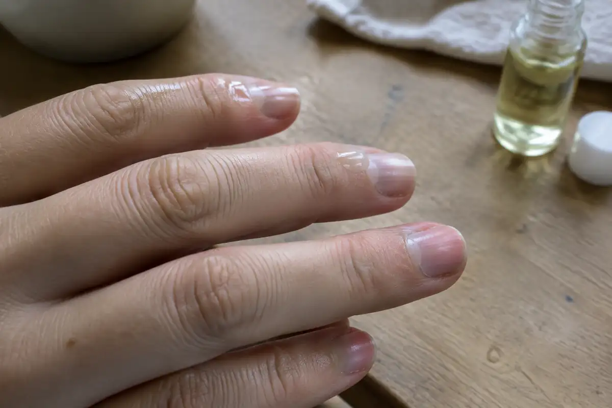 Main vue de profil avec une goutte d'huile sur la cuticule d'un annulaire, ongles courts au naturel