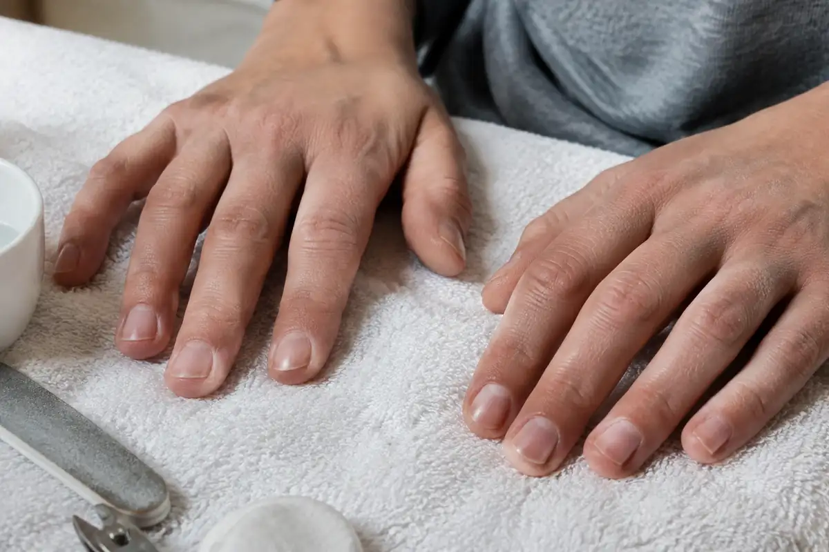 Mains aux ongles naturels courts limés posées sur une serviette blanche