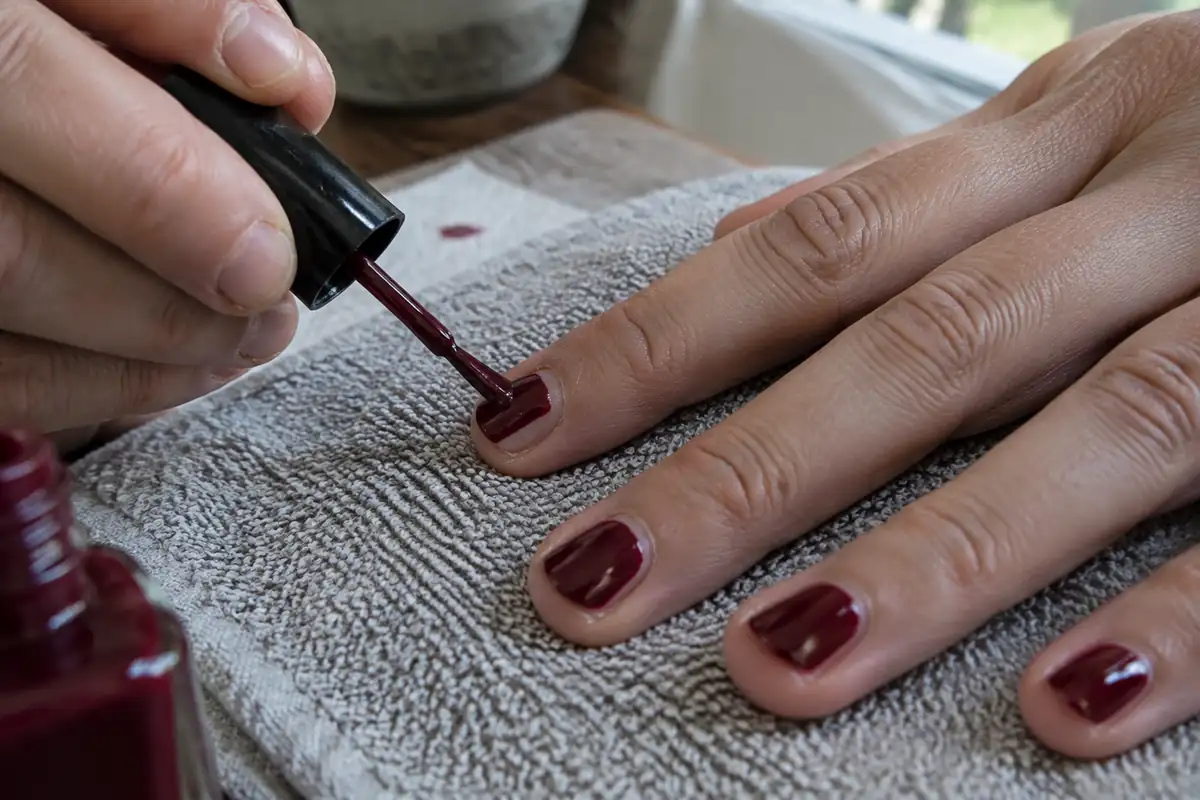 Pinceau posant une couche de vernis bordeaux sur un ongle court, les autres doigts déjà vernis posés sur une serviette