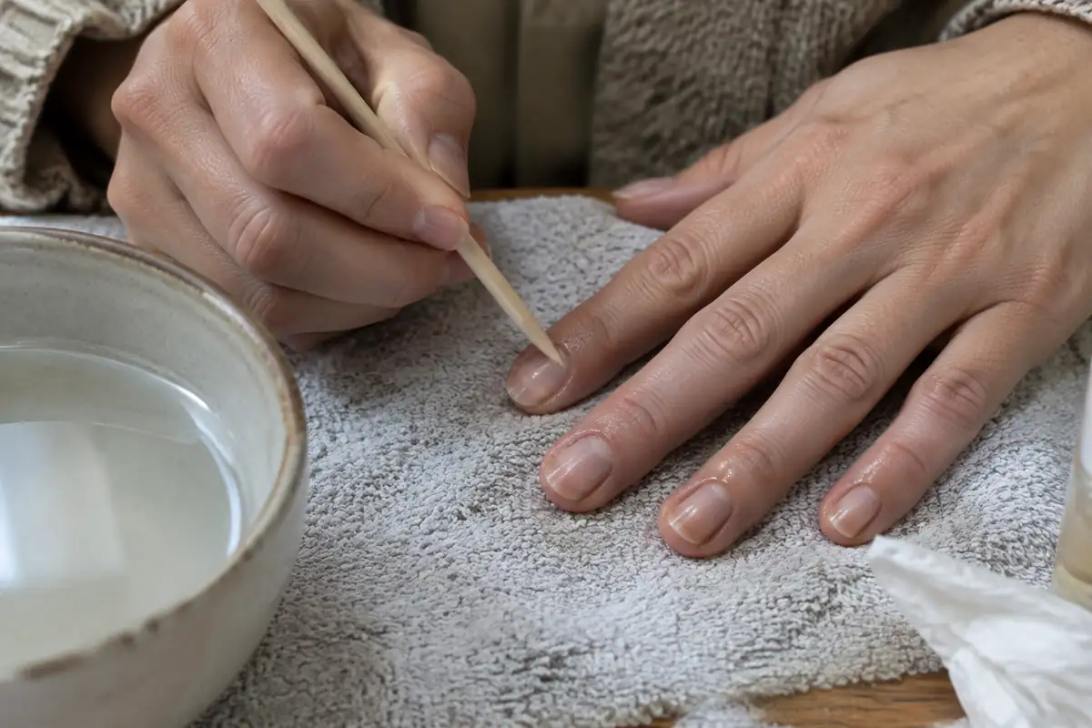 Bâtonnet de buis tenu presque à plat pour repousser une cuticule ramollie, à la base de l'ongle