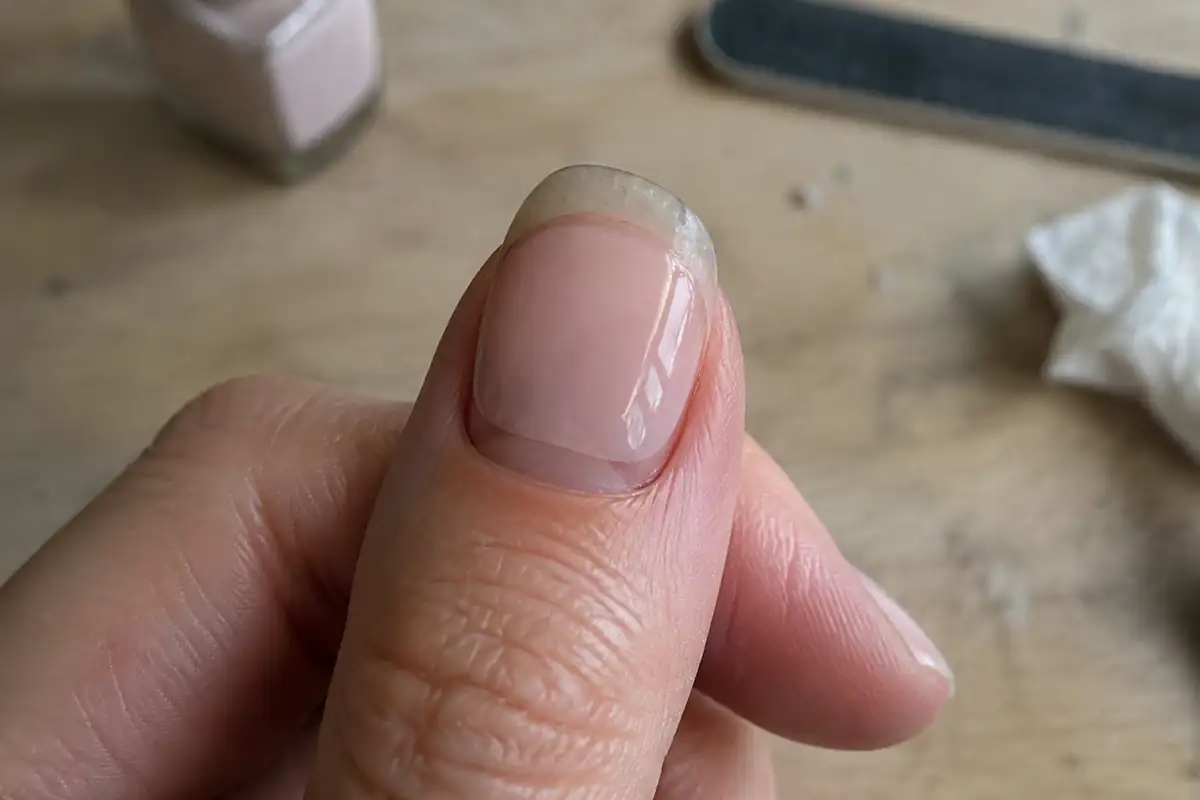 Ongle gainé de gel nude après trois semaines, avec une bande de repousse naturelle à la base